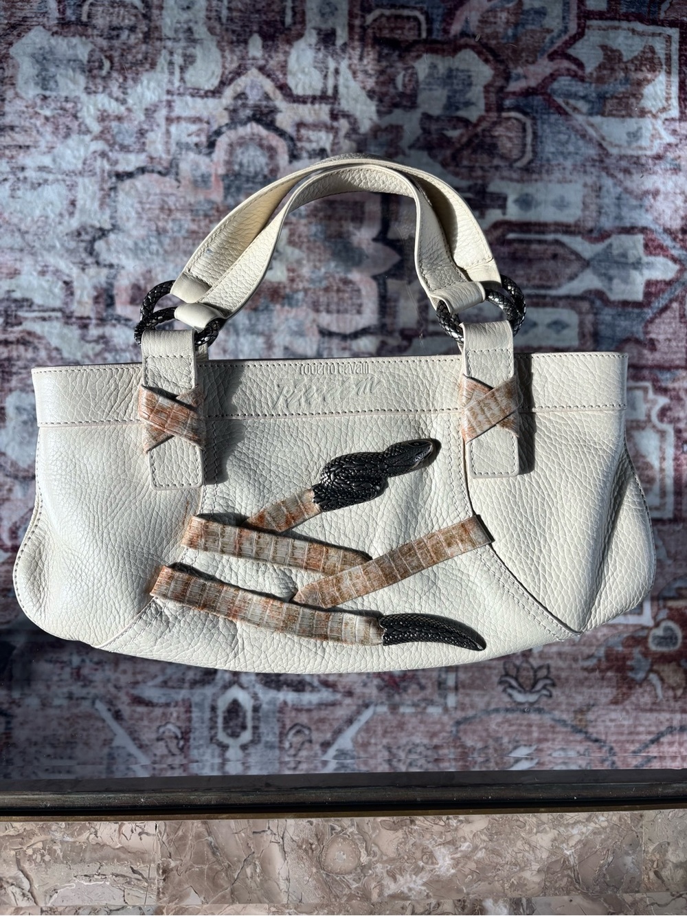 Roberto Cavalli Cream Leather Shoulder Bag with metal snake  Accents